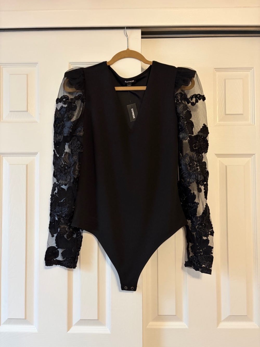 Express Chic Black Bodysuit with Sheer Floral Embroidered Sleeves new large